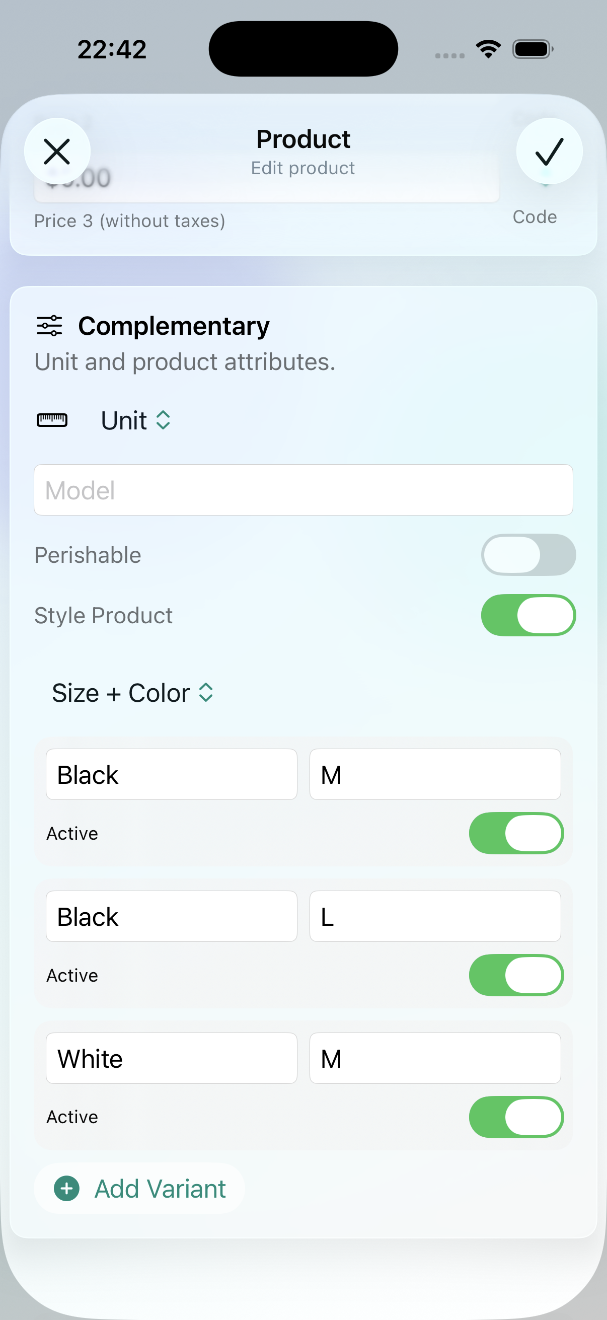 Variant selection sheet