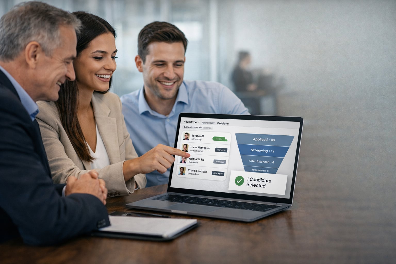 Team reviewing hiring progress with a selected candidate